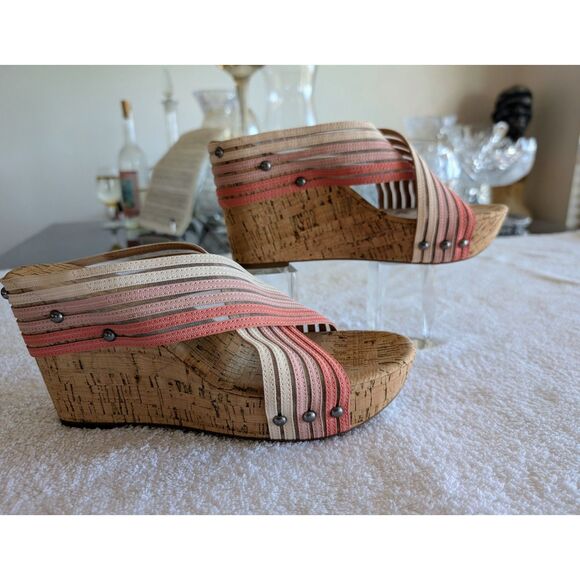 Lucky Brand Mykayla Cork Wedge Sandals 8.5 Striped Slide Platform NWOT - Picture 2 of 10